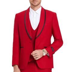 New Tazio Birdseye Textured Red Tuxedo | Shawl Collar Satin Trim 3-Piece - Men's Tuxedo USA