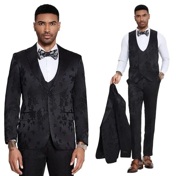 2024 Floral Mens 3PC Suit w/ Double Breasted Prom Vest by Tazzio, Black - Men's Tuxedo USA