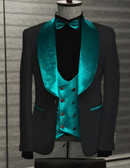 Black and Teal Blue Tuxedo - Wedding Groom Suit + Bowtie & Vest - Men's Tuxedo USA