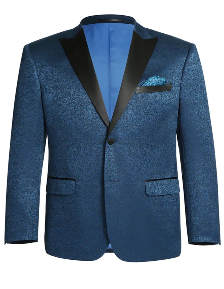 Mens Two Button Peak Lapel Paisley Prom Teal Blue Tuxedo Blazer - Men's Tuxedo USA