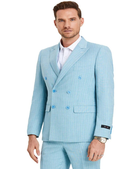 Mens Slim Fit Double Breasted Summer Teal Blue Pinstripe Pastel Suit - Men's Tuxedo USA