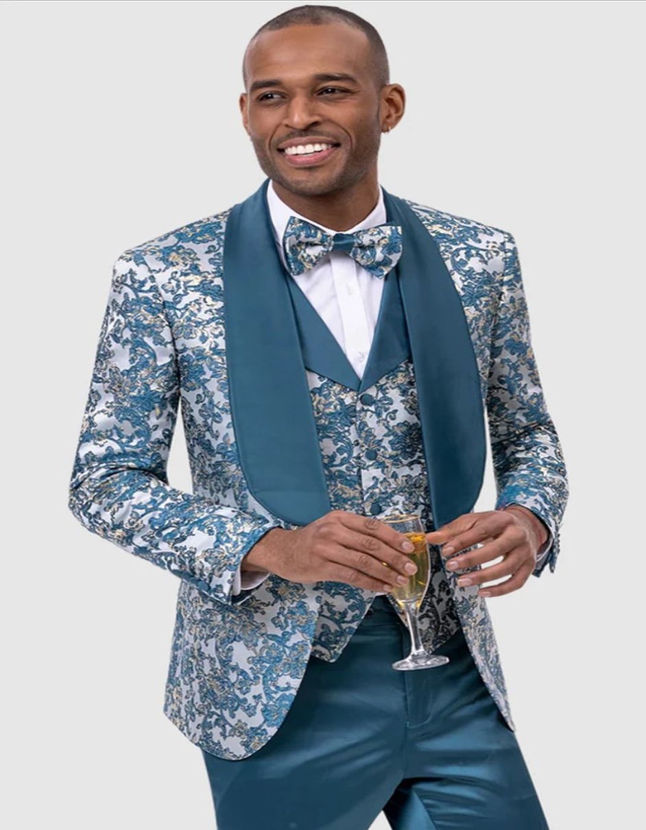 Mens Vintage Style Slim Fit Vested Paisley Brocade Prom Teal Blue Tuxedo - Men's Tuxedo USA