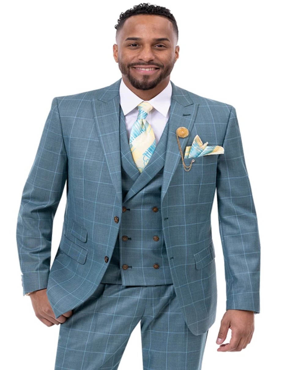 Mens Two Button Peak Lapel Vested Fashion Teal Blue Windowpane Plaid Suit - Men's Tuxedo USA