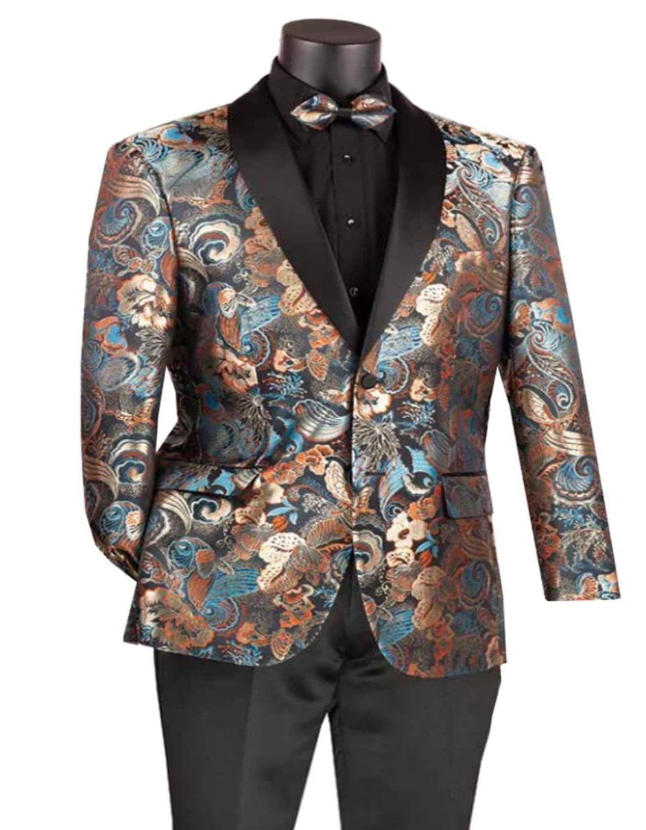 Mens Japanes Floral Paisley Print Prom & Wedding Navy Blue Tuxedo - Men's Tuxedo USA