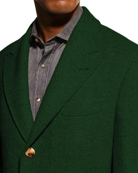 Mens Wool Carcoat - Dark Green Three Quarter Peak Lapel Topcoat - Men's Tuxedo USA