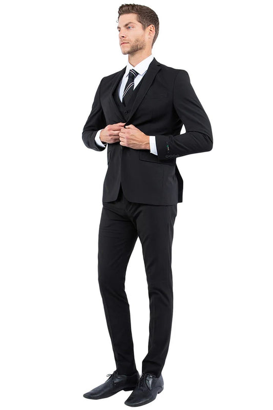 Men's One Button Vested Slim Fit Business & Wedding Suit In Black - Men's Tuxedo USA