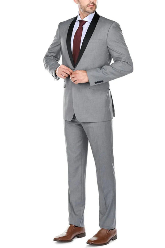 Mens Gray Tuxedo - Grey Wedding Suit-Mens Traditional Slim Fit Shawl Collar Tuxedo In Light Grey - Men's Tuxedo USA