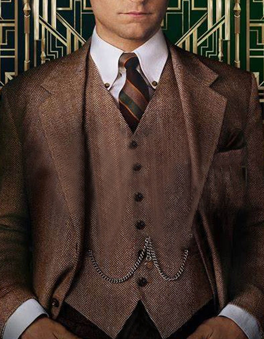 Mens Vested Great Gatsby Tweed Herringbone Tobey Maguire Suit in Light Brown - Men's Tuxedo USA