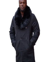 Mens Peacoat With Fur Collar - Black Wool Coat - Men's Tuxedo USA