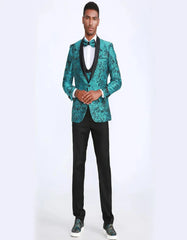 Turquoise Tuxedo With Floral Pattern Four Piece Set - Wedding - Prom - Men's Tuxedo USA