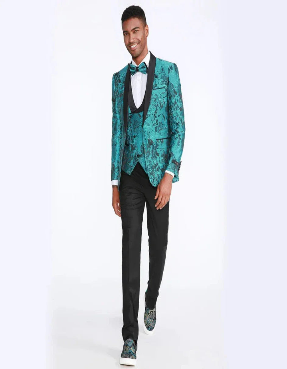 Turquoise Tuxedo With Floral Pattern Four Piece Set - Wedding - Prom - Men's Tuxedo USA