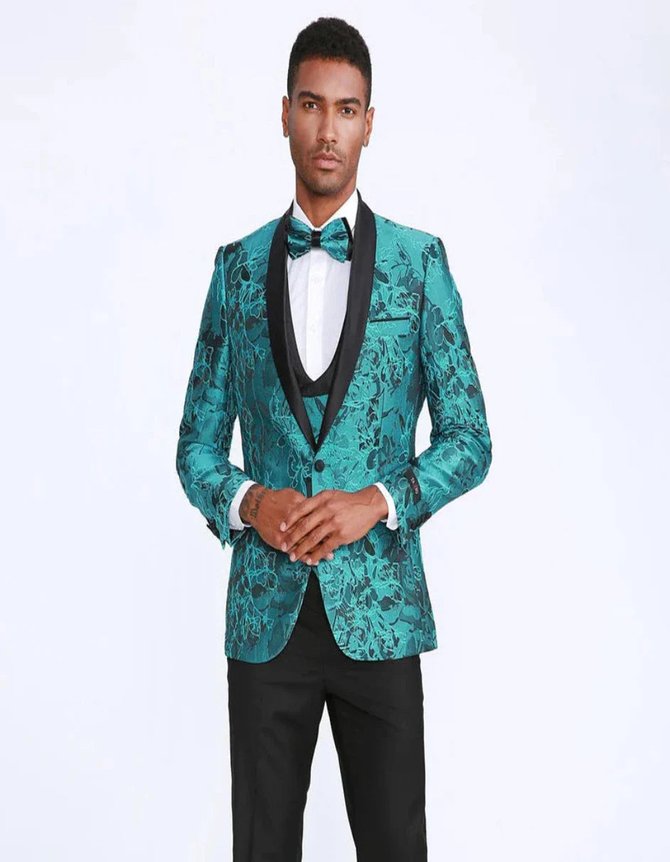 Turquoise Tuxedo With Floral Pattern Four Piece Set - Wedding - Prom - Men's Tuxedo USA