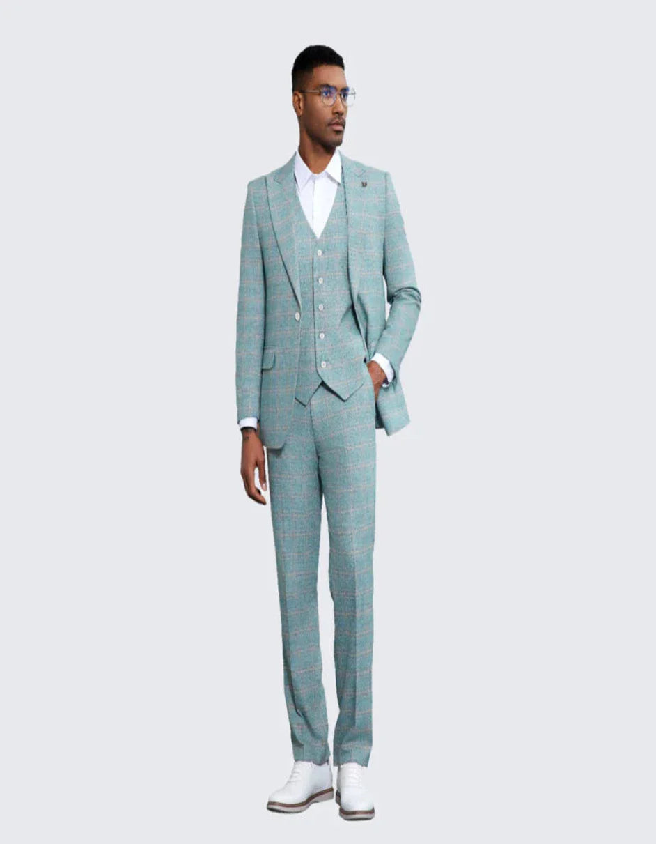 Men's Turquosie Windowpane Suit Three Piece Set- Wedding - Prom - Men's Tuxedo USA