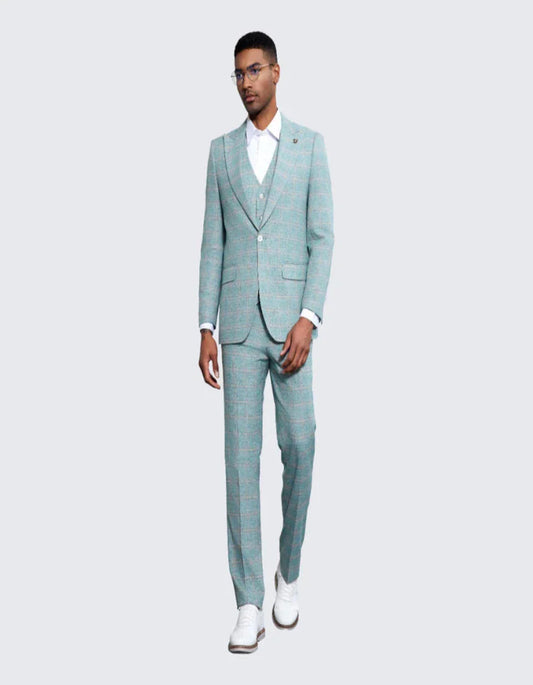 Men's Turquosie Windowpane Suit Three Piece Set- Wedding - Prom - Men's Tuxedo USA