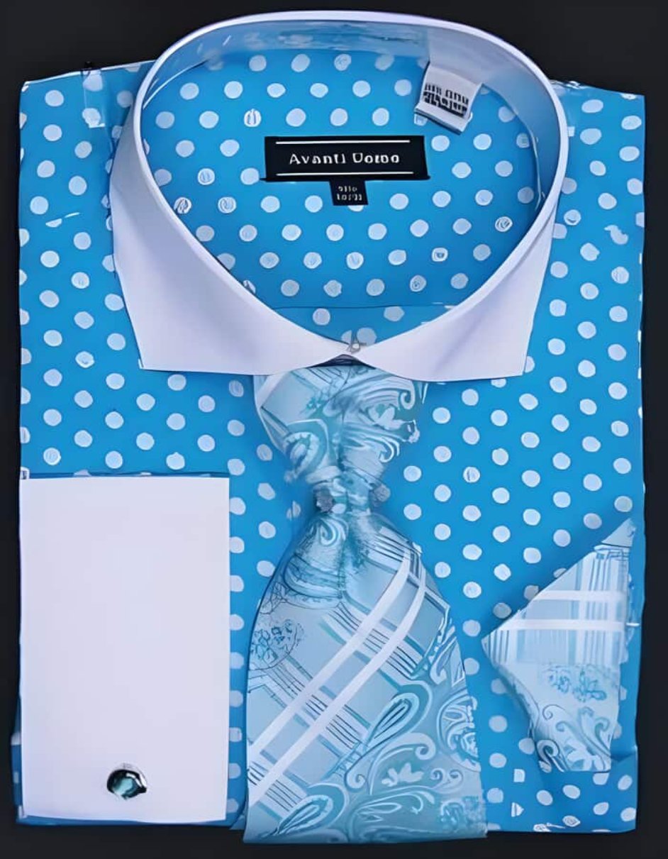 Avanti Uomo Turquoise Polka Dot Two Tone Design Cotton Cheap Fashion Clearance Shirt Sale Online For Men / Tie / Hanky Combo With Free Cufflinks - Men's Tuxedo USA