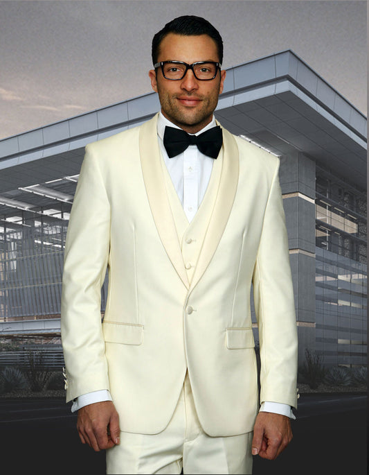 Mens 1 Button Shawl Lapel Vested Wool Prom | Wedding Tuxedo in Ivory - Men's Tuxedo USA