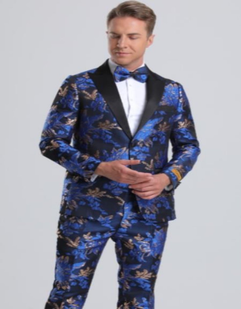 Royal Blue and Gold Tuxedo Suit With Bowtie - Wedding Suit - Men's Tuxedo USA