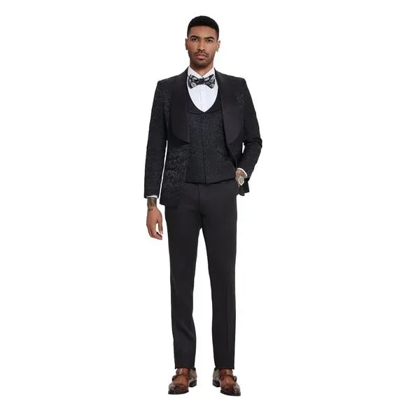 2024 Black Paisley 3pc Men's Suit Tuxedo by Tazzio - Men's Tuxedo USA