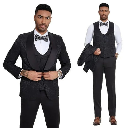 2024 Black Paisley 3pc Men's Suit Tuxedo by Tazzio - Men's Tuxedo USA