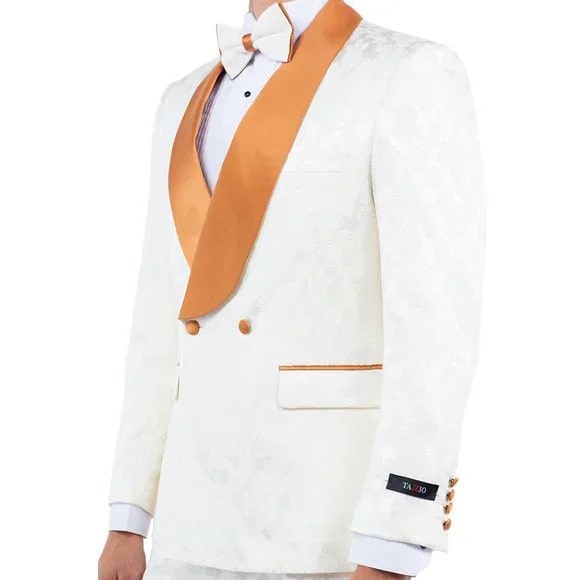 New Paisely Skinny Fit  Double-Breasted By Tazio, Ivory & Rustic Orange Tuxedo - Men's Tuxedo USA