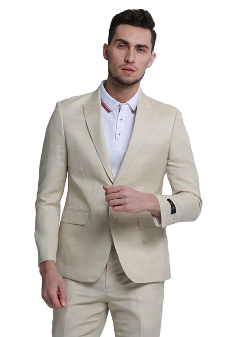 Men's Two Button Peak Lapel Summer Linen Style Beach Wedding Suit in Tan - Men's Tuxedo USA