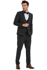 Men's One Button Vested Shawl Tuxedo In Black Birdseye With Black Satin Trim - Men's Tuxedo USA