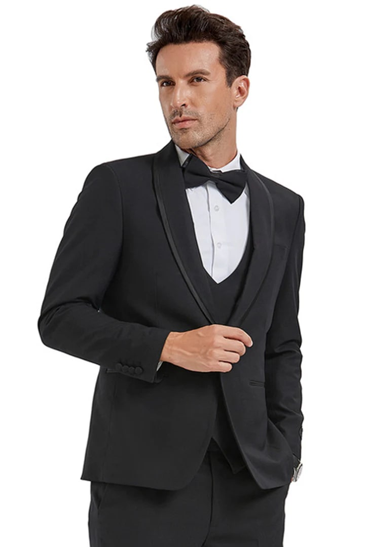 Men's One Button Vested Shawl Tuxedo In Black Birdseye With Black Satin Trim - Men's Tuxedo USA