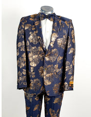 Mens 2 Button Navy Blue & Gold Foil Floral Paisley Prom & Wedding Tuxedo - Men's Tuxedo USA