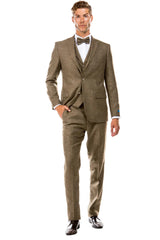 Men's Two Button Vested Vintage Style Tweed Wedding Suit in Tan - Men's Tuxedo USA