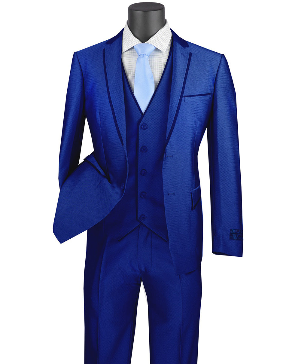 Mens Ultra Slim Fit Sharkskin Tuxedo with Satin Trim in Blue - Men's Tuxedo USA