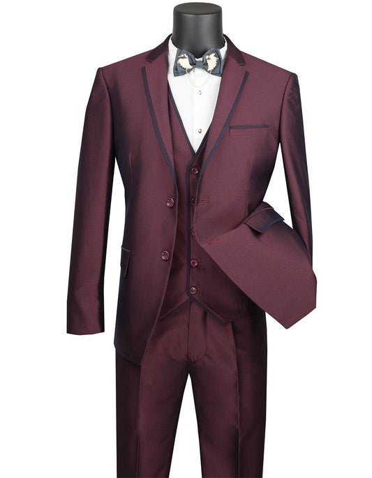 Mens Ultra Slim Fit Sharkskin Tuxedo with Satin Trim in Burgundy - Men's Tuxedo USA