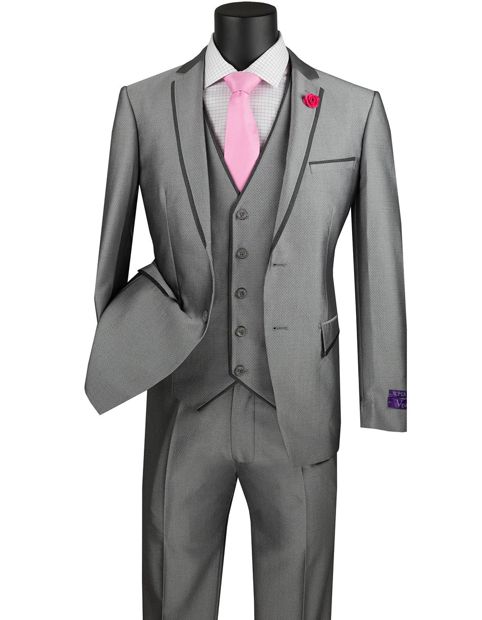 Mens Ultra Slim Fit Sharkskin Tuxedo with Satin Trim in Grey - Mens Slim Fitted Tuxedo - Men's Tuxedo USA