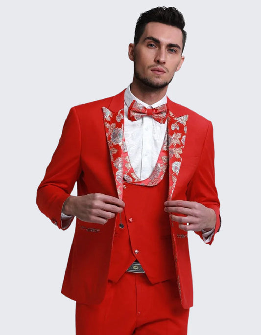 Mens Vested Red Prom Tuxedo with Floral Paisley Peak Lapel and Vest Trim - Men's Tuxedo USA