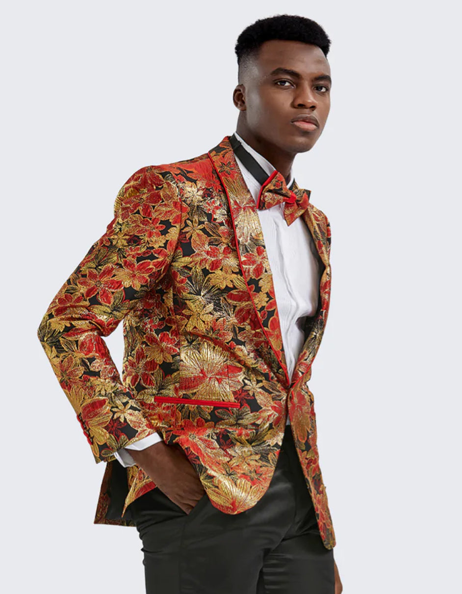 Mens Red & Gold Floral Paisley Prom Tuxedo Dinner Jacket - Men's Tuxedo USA