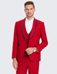 Mens Vested Shawl Red Prom Tuxedo with Black Trim - Men's Tuxedo USA