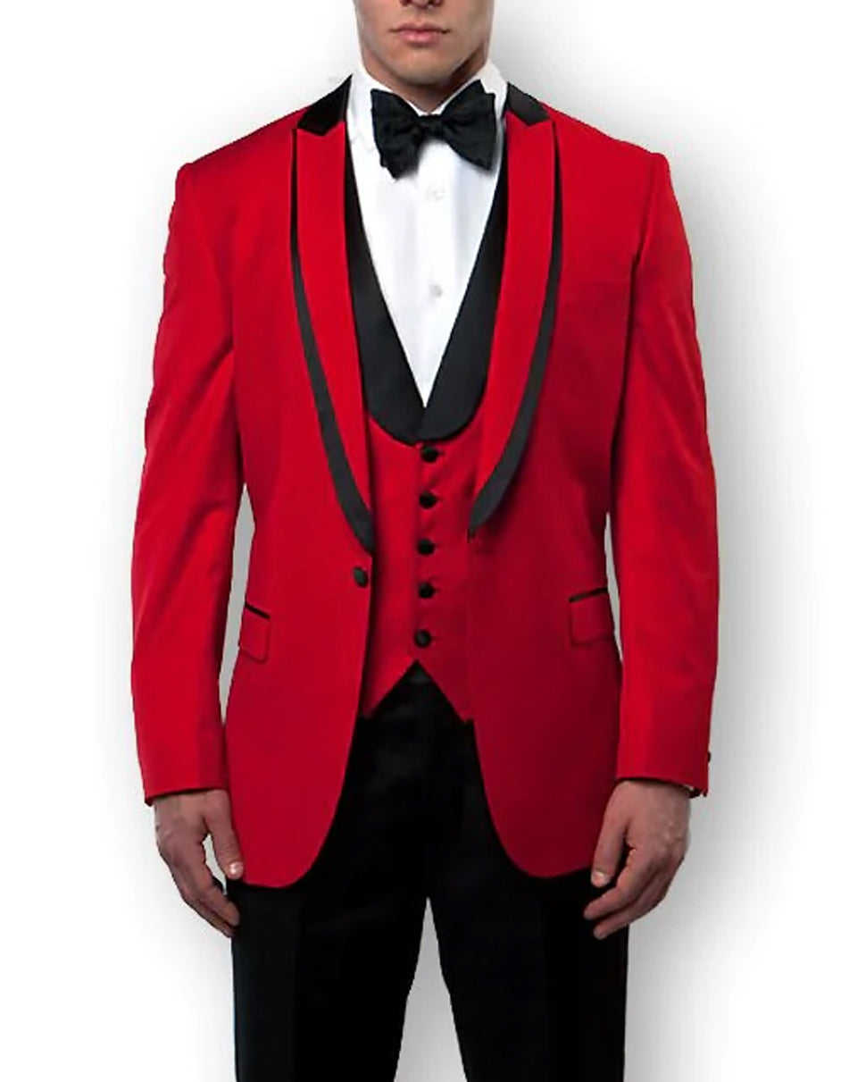 Mens Vested Red Prom Tuxedo with Black Trim - Men's Tuxedo USA