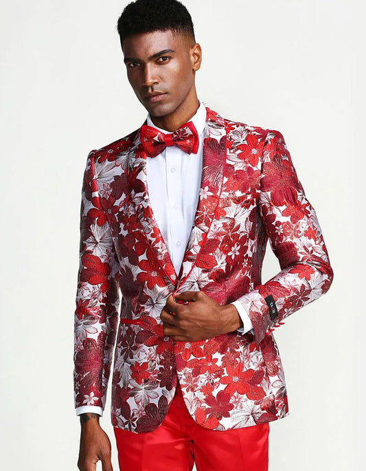 Mens Red & White Floral Paisley Prom Tuxedo Dinner Jacket - Men's Tuxedo USA