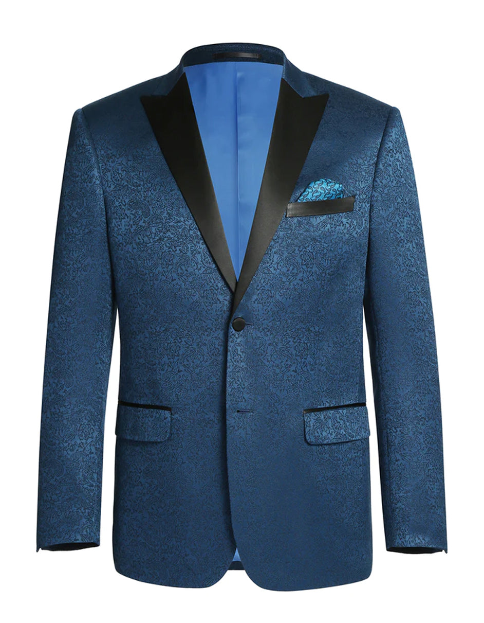 Mens 1 Button Satin Peak Lapel Paisley Prom Ultra Slim Fitted Blazer in Dark Teal - Men's Tuxedo USA