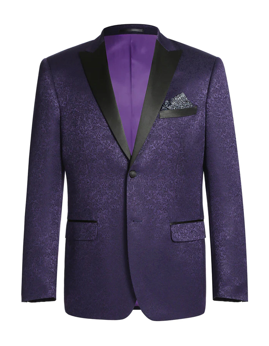 Mens 1 Button Satin Peak Lapel Paisley Prom Ultra Slim Fitted Blazer in Purple - Men's Tuxedo USA