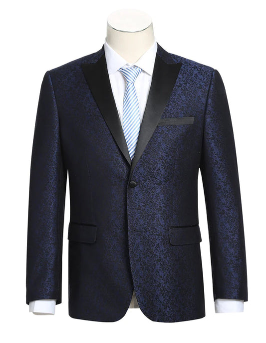 Mens 1 Button Satin Peak Lapel Paisley Prom Ultra Slim Fitted Blazer in Navy Blue - Men's Tuxedo USA