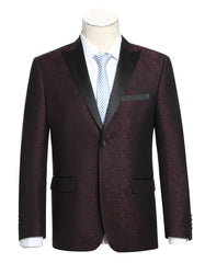 Mens 1 Button Satin Peak Lapel Paisley Prom Ultra Slim Fitted Blazer in Burgundy - Men's Tuxedo USA