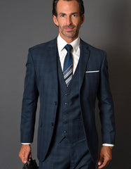 Mens 2 Button Vested Modern Fit Wool Suit in Navy Plaid - Men's Tuxedo USA