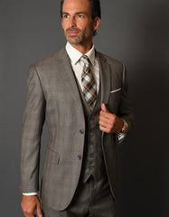 Mens 2 Button Vested Modern Fit Wool Suit in Taupe Plaid - Men's Tuxedo USA