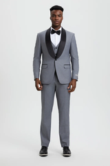 Mens Gray Tuxedo - Grey Wedding Suit-Mens  Stacy Adams Vested  One Button  Shawl Lapel Designer Tuxedo In  Grey - Men's Tuxedo USA