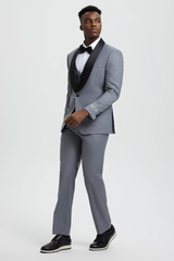 Mens Gray Tuxedo - Grey Wedding Suit-Mens  Stacy Adams Vested  One Button  Shawl Lapel Designer Tuxedo In  Grey - Men's Tuxedo USA