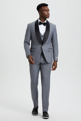 Mens Gray Tuxedo - Grey Wedding Suit-Mens  Stacy Adams Vested  One Button  Shawl Lapel Designer Tuxedo In  Grey - Men's Tuxedo USA