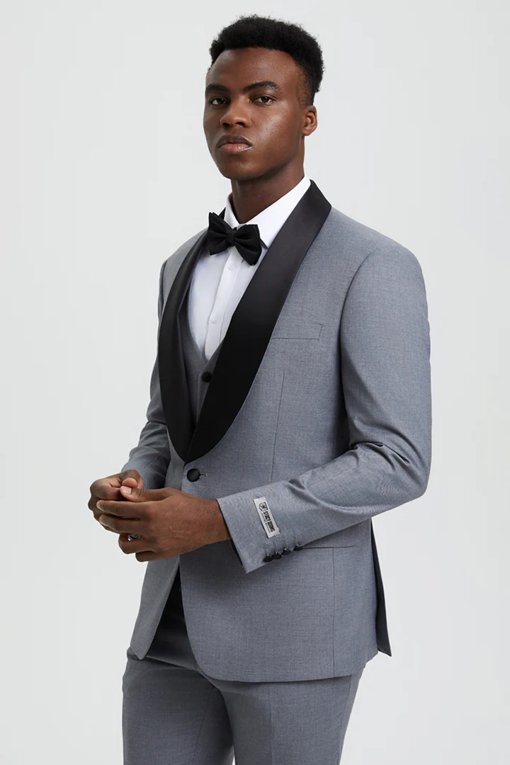 Mens Gray Tuxedo - Grey Wedding Suit-Mens  Stacy Adams Vested  One Button  Shawl Lapel Designer Tuxedo In  Grey - Men's Tuxedo USA