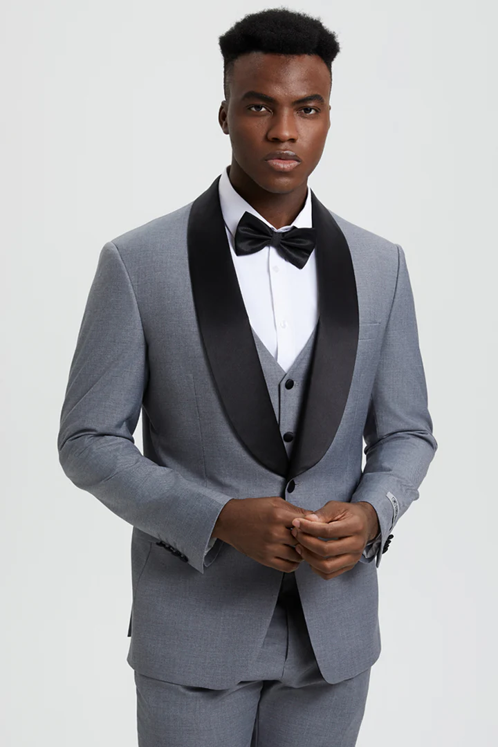 Mens Gray Tuxedo - Grey Wedding Suit-Mens  Stacy Adams Vested  One Button  Shawl Lapel Designer Tuxedo In  Grey - Men's Tuxedo USA