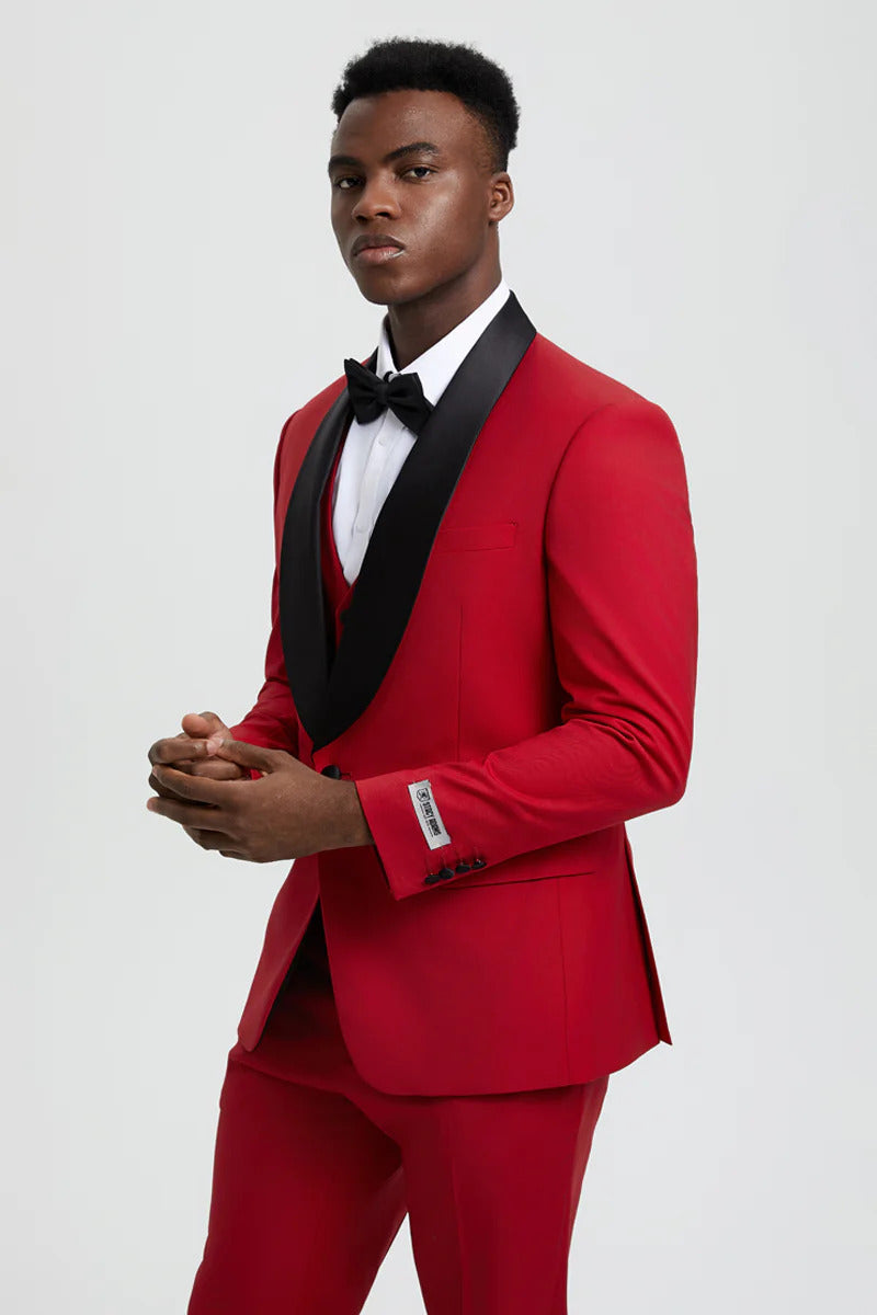 Men's Stacy Adams Vested One Button Shawl Lapel Designer Tuxedo In Red - Men's Tuxedo USA