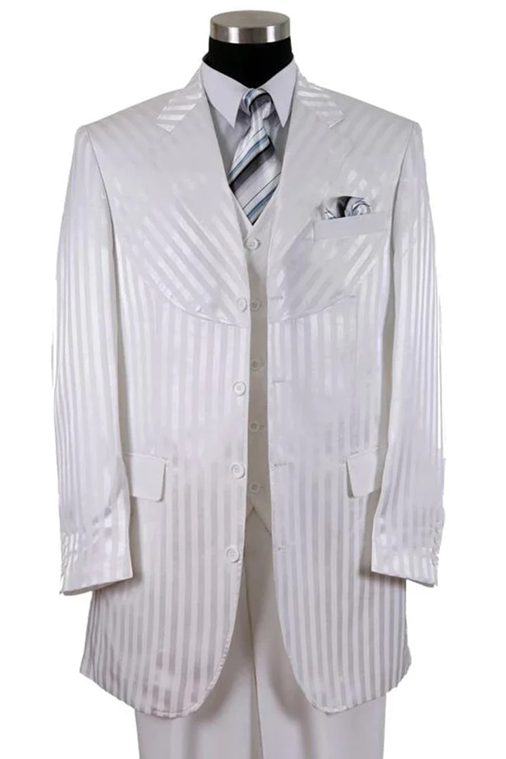 White Wedding Suit For Men - Perfect For Groom - Mens 4 Button Semi Wide Leg Shiny Tonal Stripe Fashion Suit In White - Men's Tuxedo USA